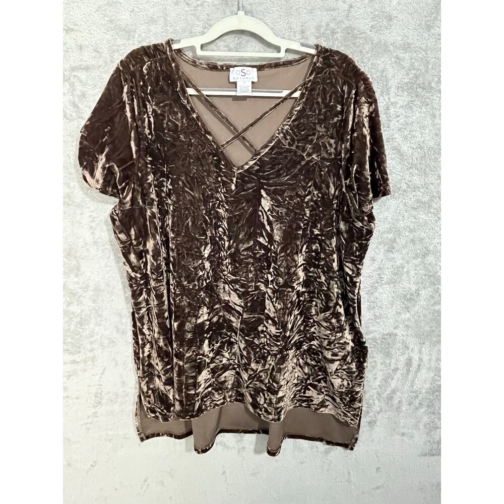 VTG OSO Casuals Mini Dress 1X Brown Crushed Velvet Criss Cross Neck Hi Lo Hem